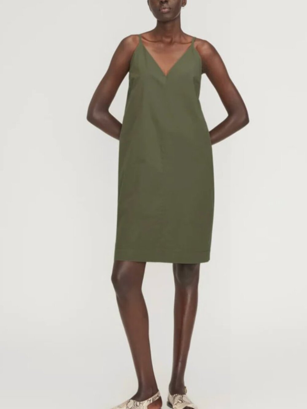 NWT EVERLANE Size 0 Minimalist Olive Green V-neck The Poplin Mini Slip Dress